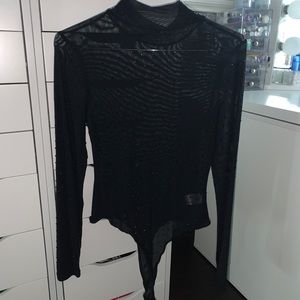 Long Sleeve Sheer Mesh Bodysuit With Rhinestones